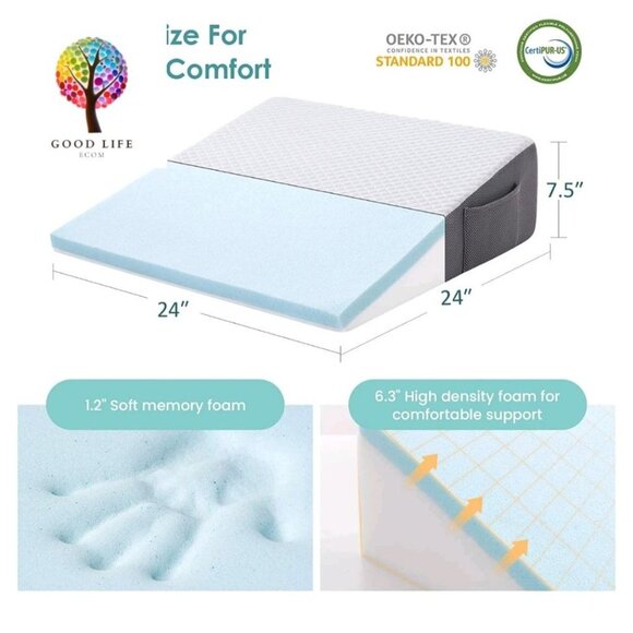 CozyMaker Memory Foam Bed Wedge Pillow 24 x 24 x 7.5" For Sleeping & Leg Support - Picture 6 of 11